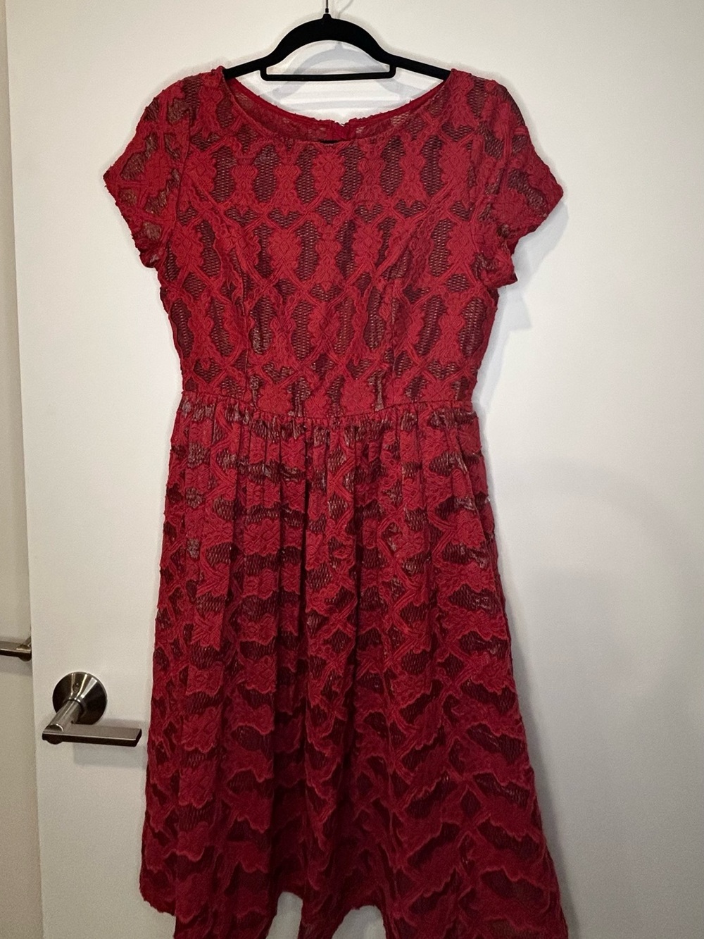 Anthropologie Moulinette Soeurs Red Lace Metallic Silver Insert Dress Size 6 - Picture 4 of 6